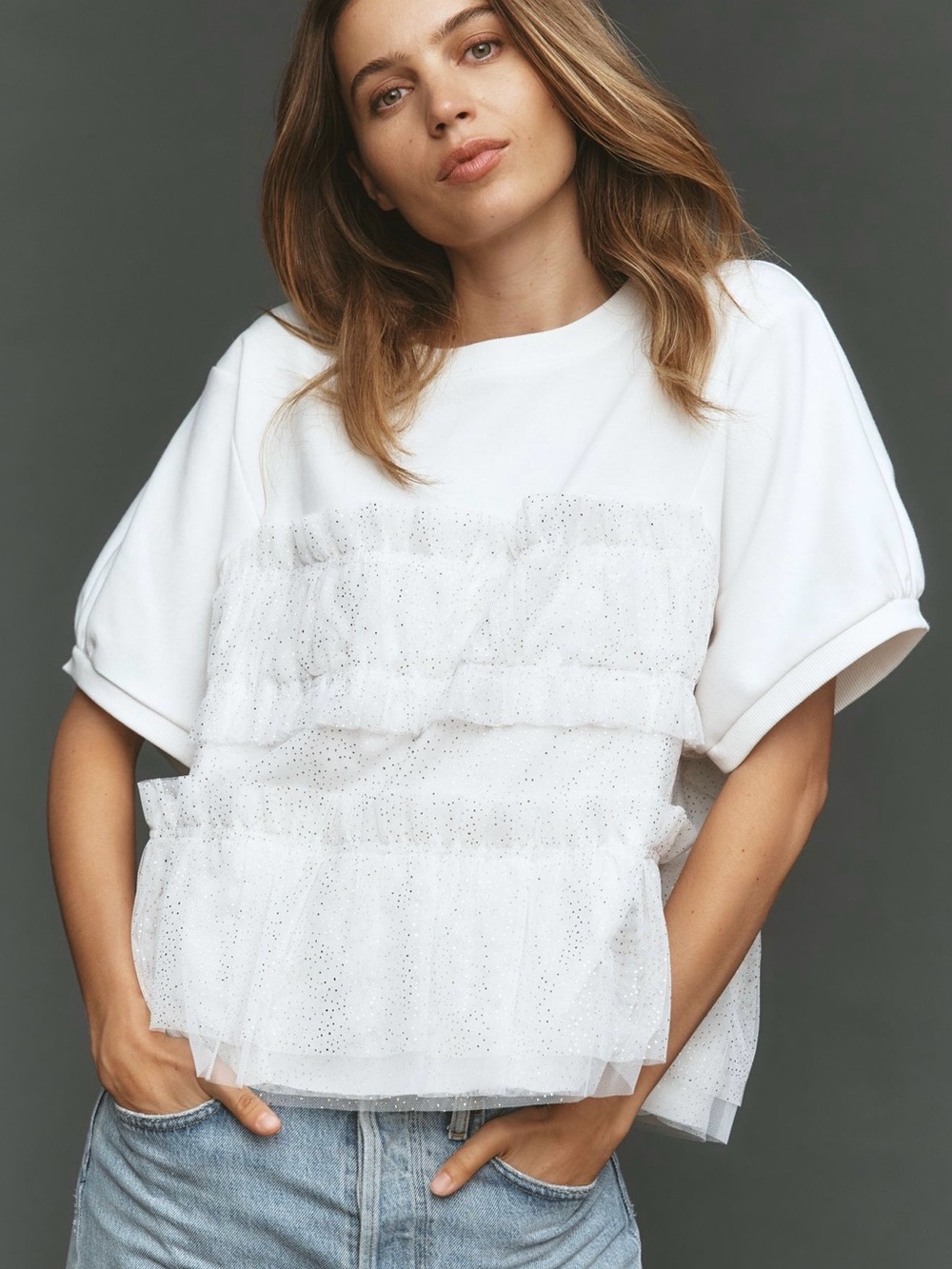 Maeve White Short Sleeve Ruffle Mesh Tee